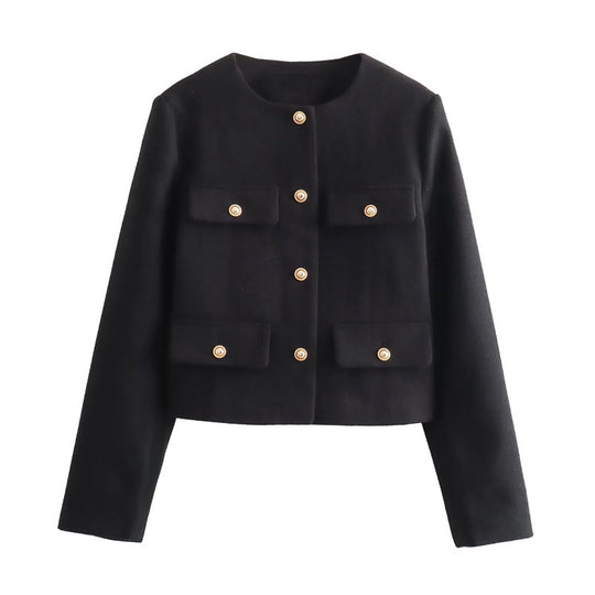 Damen Modische Kurzjacke mit dekorativen Knöpfen und praktischen Taschen EB