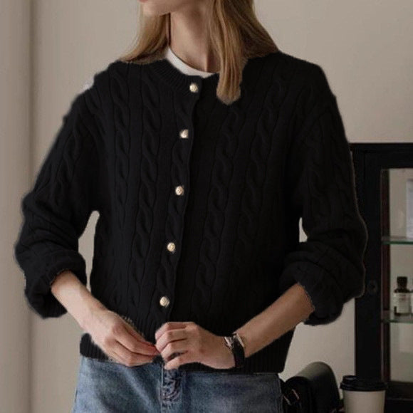 Damen eleganter Strickcardigan mit ausgefallenem Zopfmuster und dekorativen Knöpfen EB