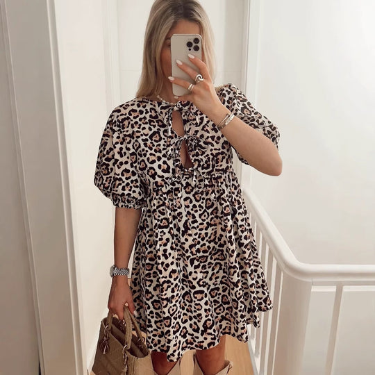 Damen Sommerkleid mit lässigem Leopardenmuster und voluminösen Ärmeln EB