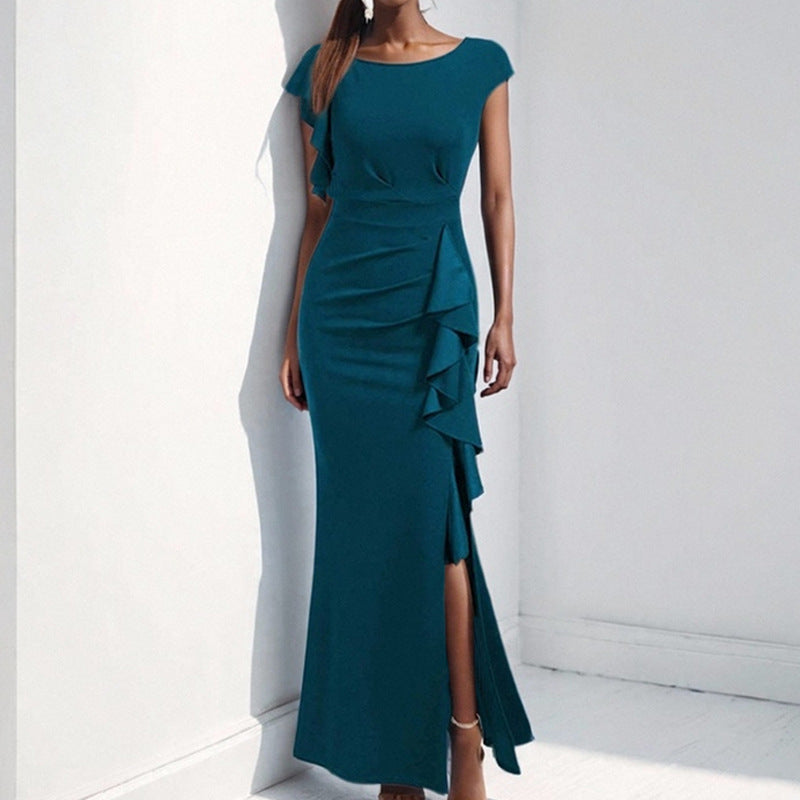 Damen elegantes Maxikleid mit Rüschendetails und seitlichem Schlitz EB