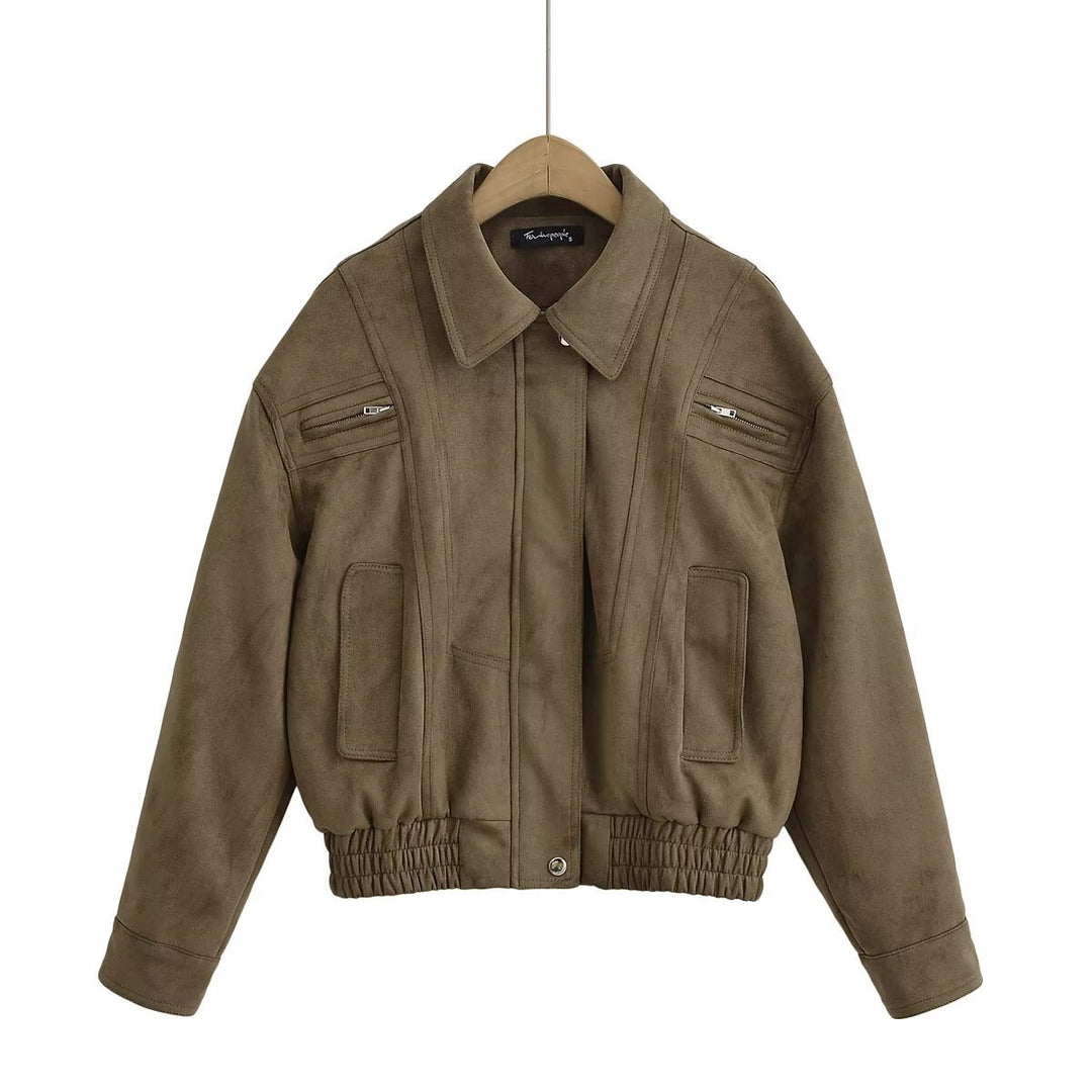 Damen modische Wildlederjacke mit tailliertem Schnitt und praktischen Taschen EB