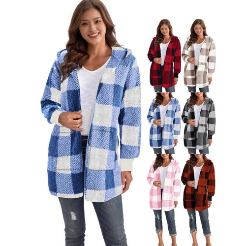 Damen Fleecejacke mit Karomuster und Kapuze EB