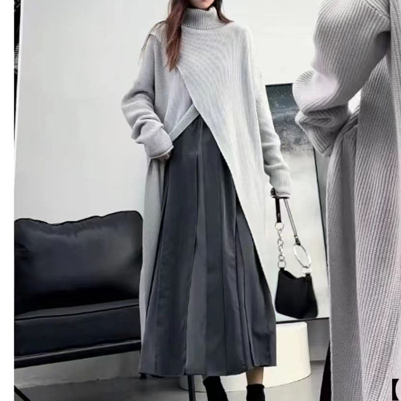 Damen Strickmantel mit hohem Kragen und asymmetrischem Schnitt EB