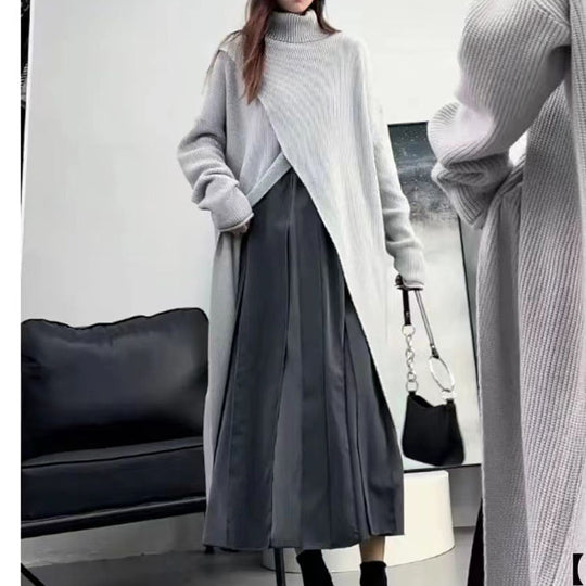 Damen Strickmantel mit hohem Kragen und asymmetrischem Schnitt EB