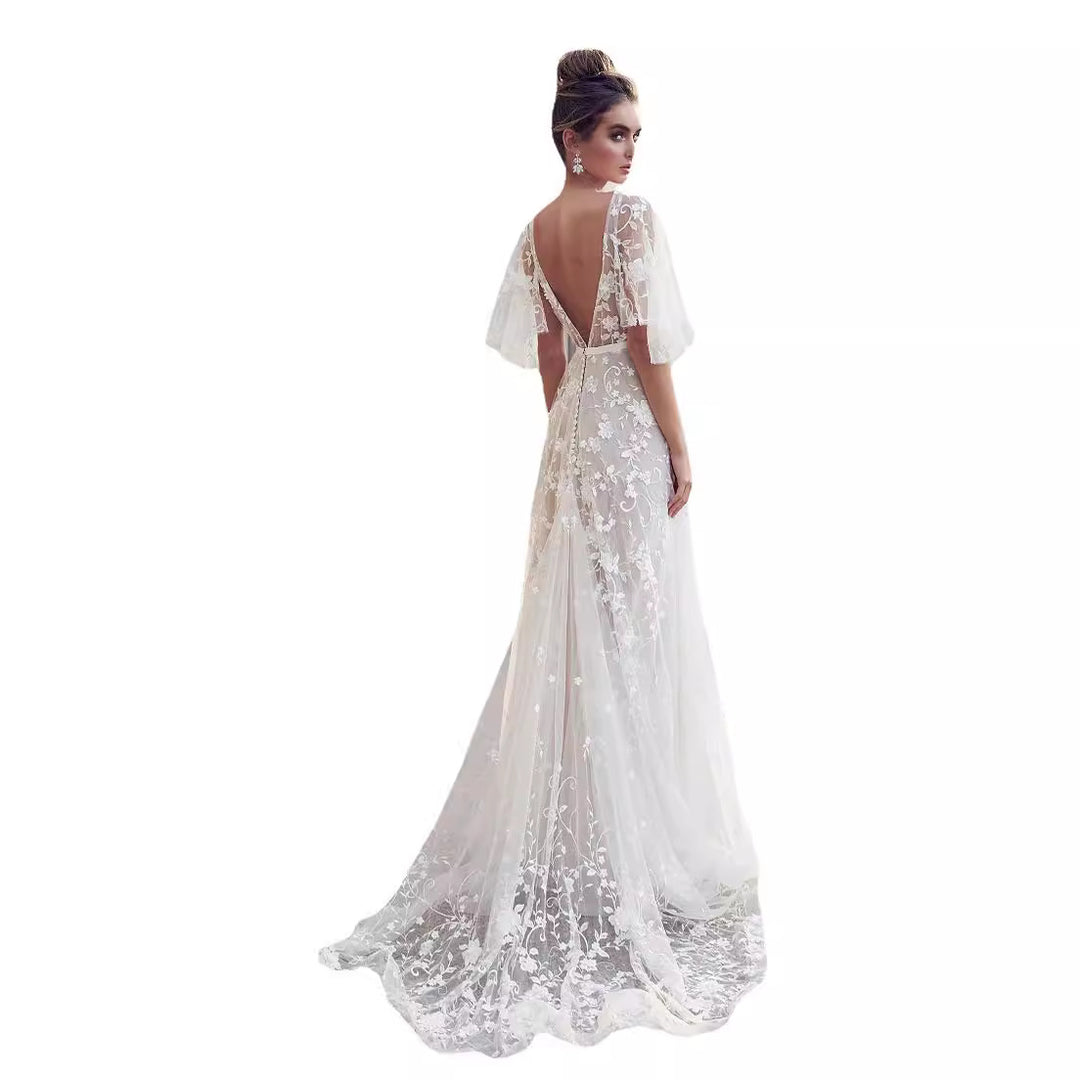 Damen Elegantes Maxikleid mit floralem Spitzenmuster und sanften Ärmeln EB