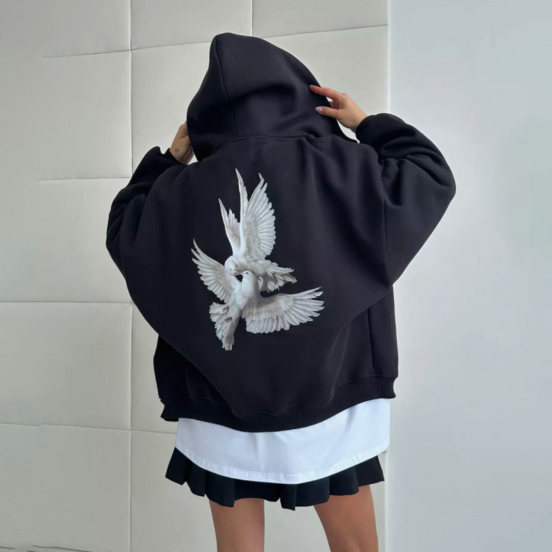 Damen Kapuzensweater mit kunstvollem Vogelmotiv und entspannter Passform EB