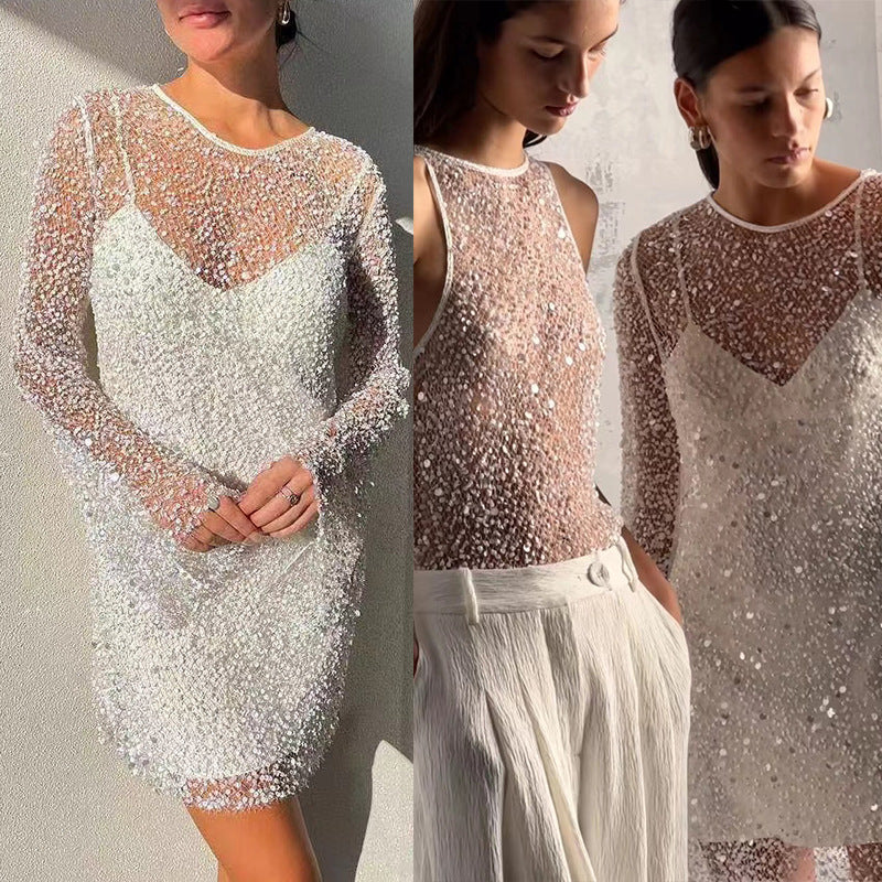 Damen Glitzerndes Cocktailkleid mit schimmernden Pailletten und langen Ärmeln EB