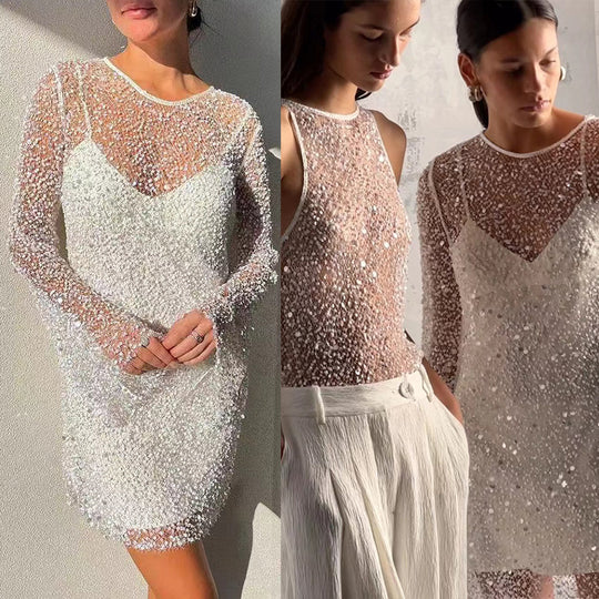 Damen Glitzerndes Cocktailkleid mit schimmernden Pailletten und langen Ärmeln EB
