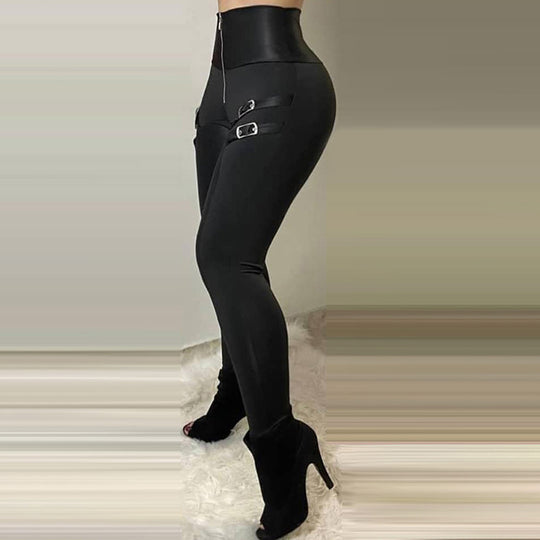 Damen Figurbetonte Kunstleder-Leggings mit Schnallen-Details EB