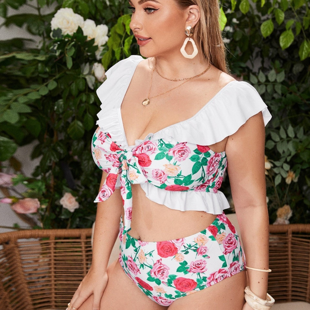 Damen Bikini-Set mit floralem Wickeloberteil und hohen Taillenhosen EB