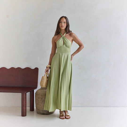 Damen Maxi-Kleid mit elegantem Halter-Design und plissiertem Rock EB