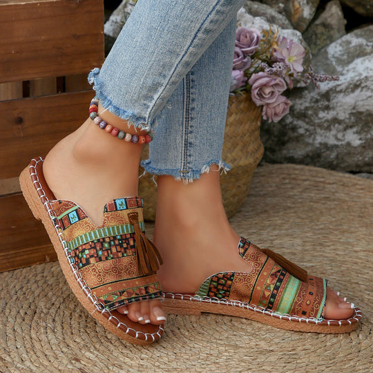 Damen lässige Riemchen-Sandalen mit buntem Ethno-Design und modischem Quasten-Detail EB
