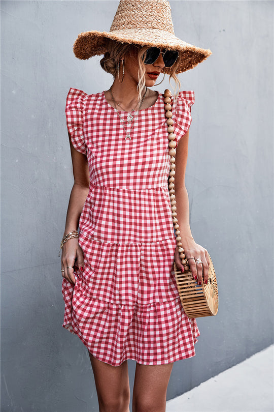 Damen Viskosekleid mit Rüschendetails und kariertem Design EB
