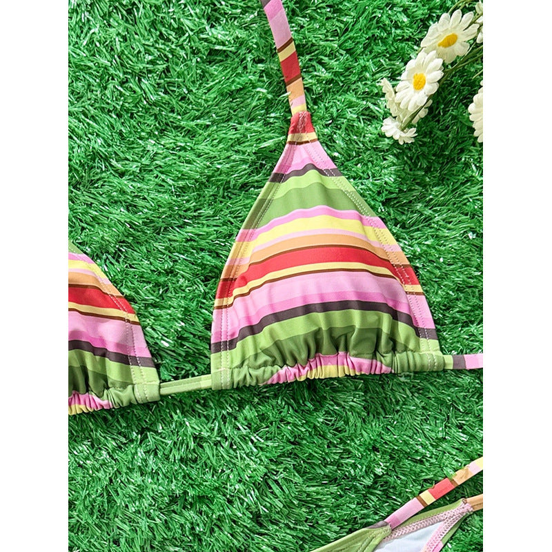 Damen Triangel-Bikini mit verstellbaren Trägern und buntem Streifenmuster EB
