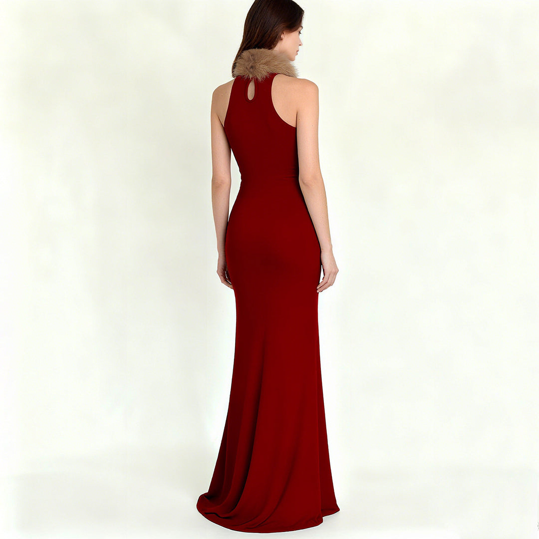 Damen Elegantes Maxikleid mit luxuriösem Kunstpelzkragen EB