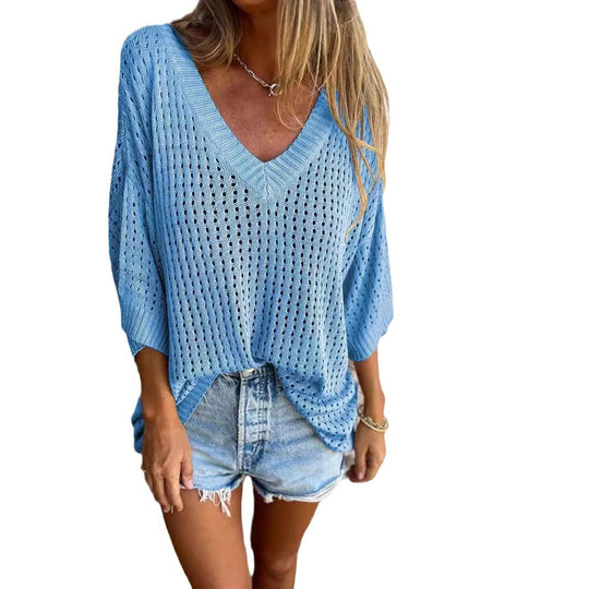 Damen nan luftig gestrickter V-Ausschnitt Pullover im Oversize-Schnitt EB