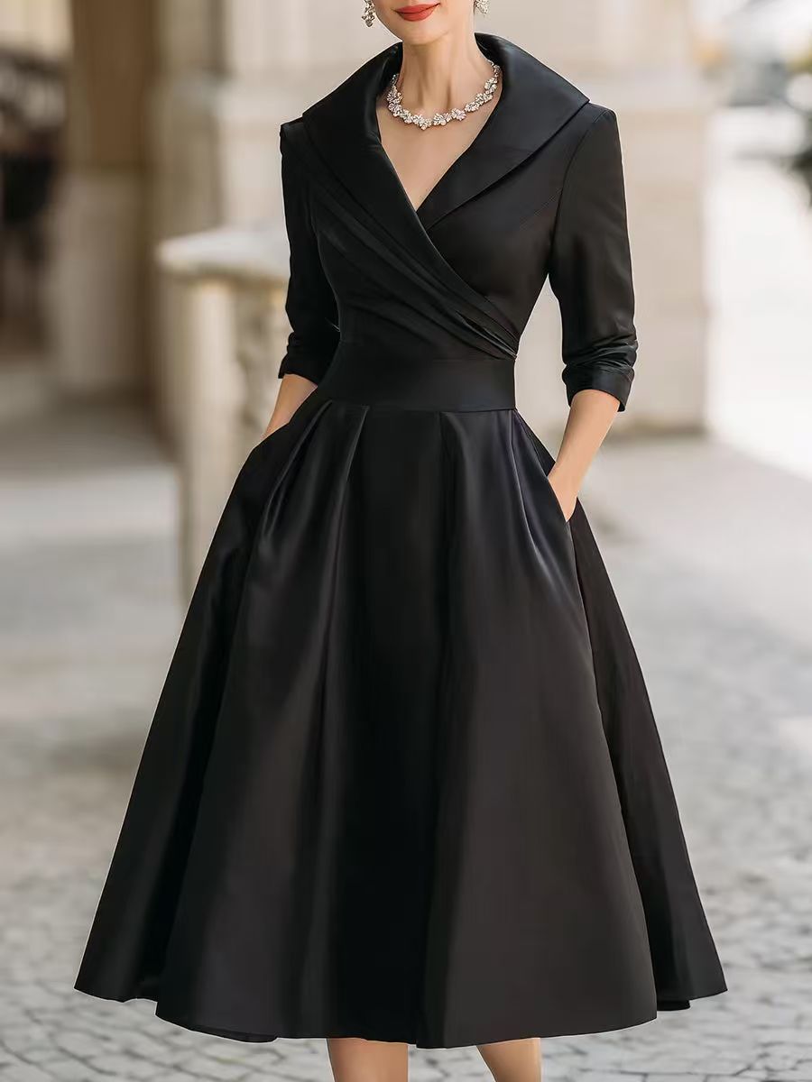 Damen nan elegantes Midikleid mit Wickeloberteil, Dreiviertelärmeln und Eingrifftaschen EB