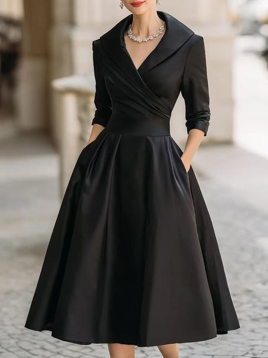 Damen nan elegantes Midikleid mit Wickeloberteil, Dreiviertelärmeln und Eingrifftaschen EB