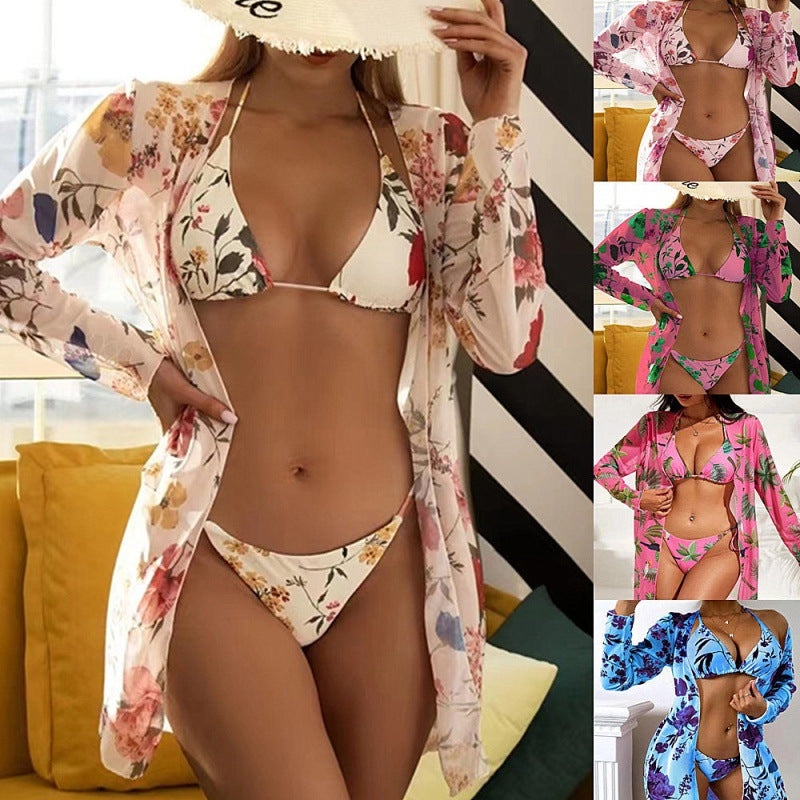 Damen Badeanzug mit transparenter Strandumhüllung und botanischem Druck EB