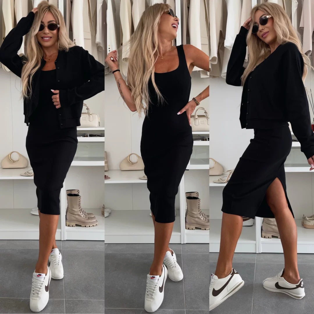 Damen figurbetontes Strick-Midikleid mit passender Kurzjacke und Rundhalsausschnitt EB