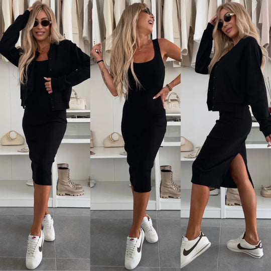 Damen figurbetontes Strick-Midikleid mit passender Kurzjacke und Rundhalsausschnitt EB