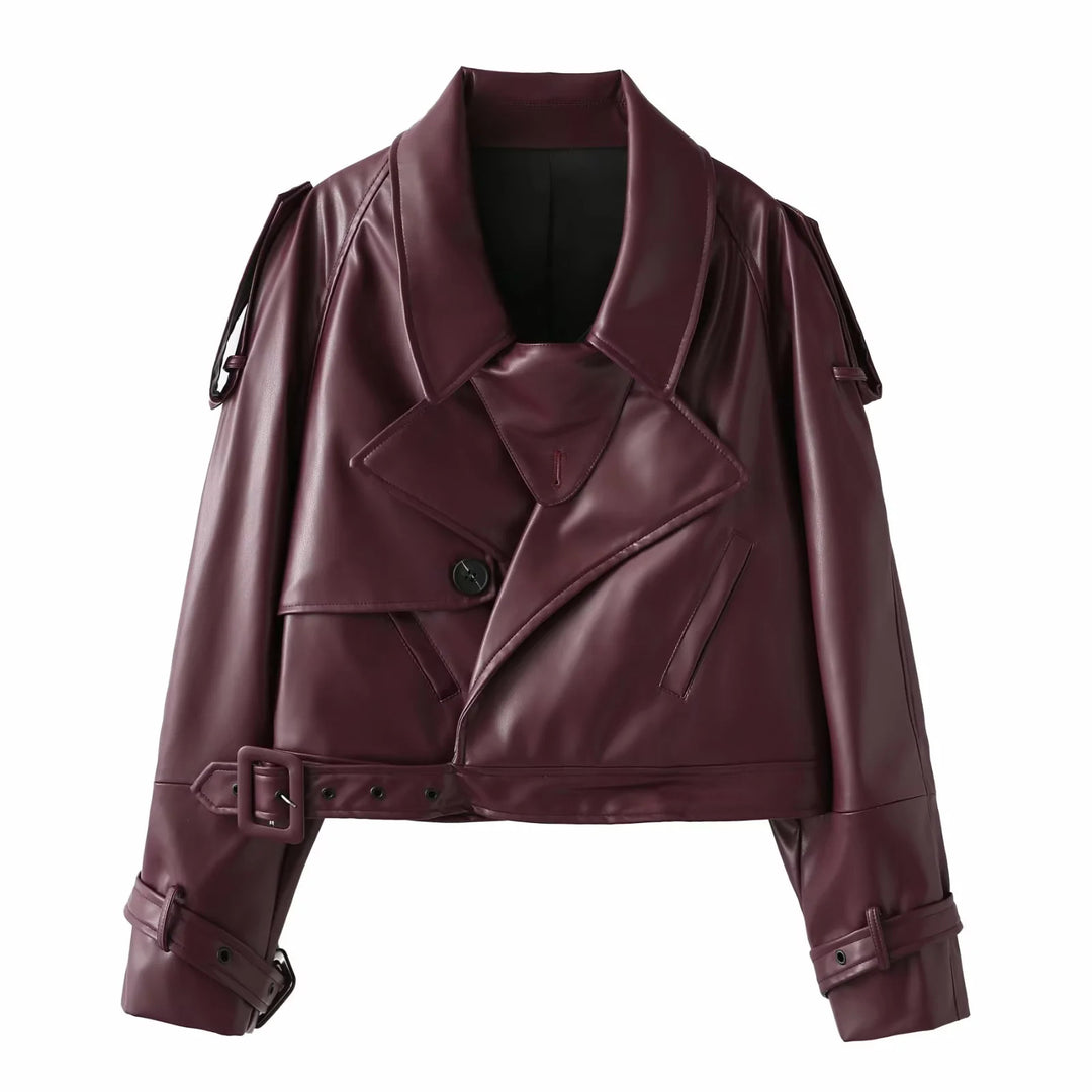 Damen coole cropped Kunstlederjacke mit asymmetrischem Kragen und modischem Design EB