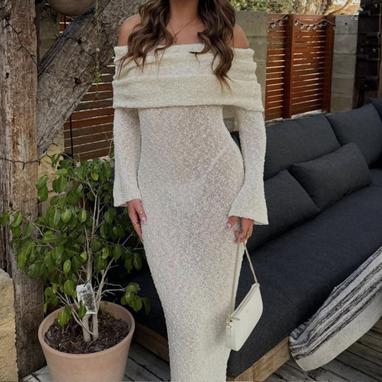 Damen Off-Shoulder Strickkleid mit langen Ärmeln und eleganter Silhouette EB