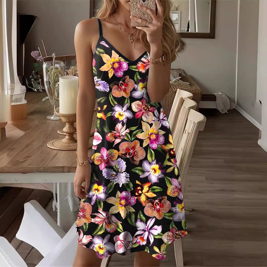 Damen Spaghettiträger Kleid mit elegantem floralem Design EB