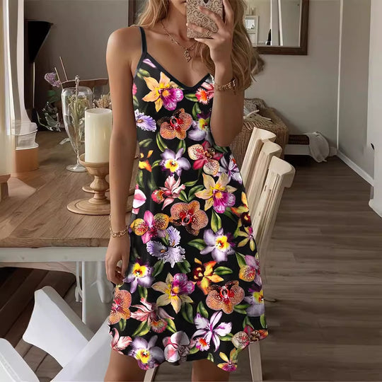Damen Spaghettiträger Kleid mit elegantem floralem Design EB