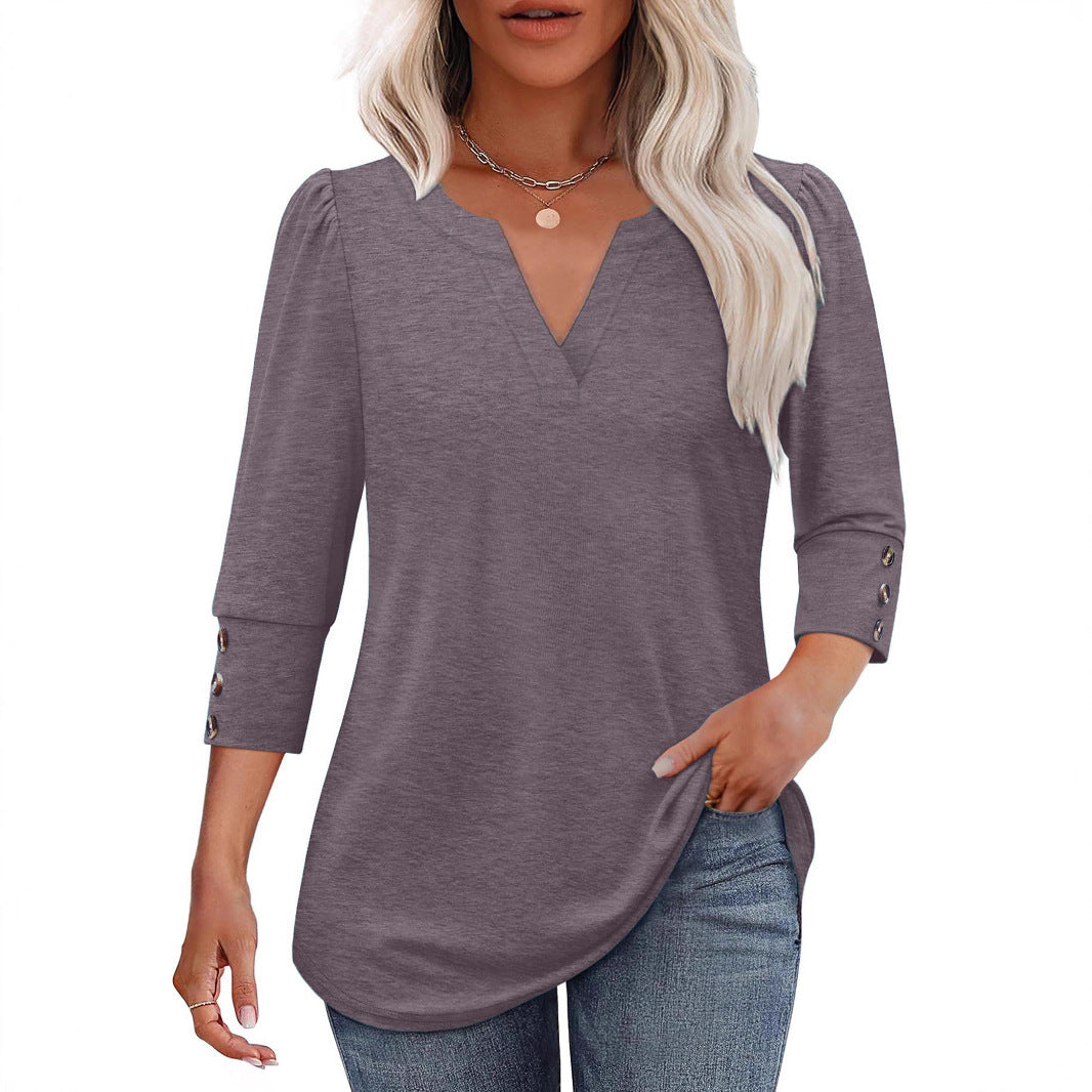 Damen V-Ausschnitt Bluse mit dekorativen Knopfdetails EB