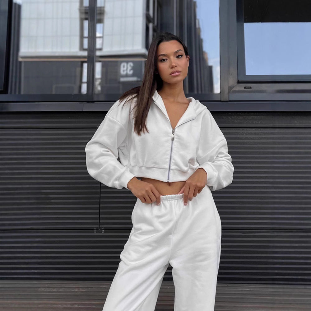 Damen Zweiteiliges Cropped-Zip-Hoodie Set mit taillenhoher Relax-Jogginghose und elastischem Bund EB