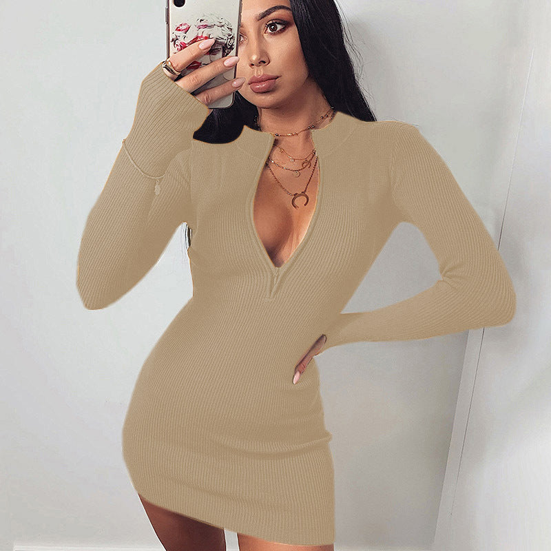 Damen Körperbetontes Strickkleid mit tiefem V-Ausschnitt und langen Ärmeln EB