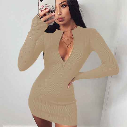 Damen Körperbetontes Strickkleid mit tiefem V-Ausschnitt und langen Ärmeln EB