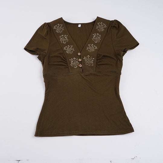Damen Kurzarmshirt mit dekorativen Knopf- und Stickdetails EB