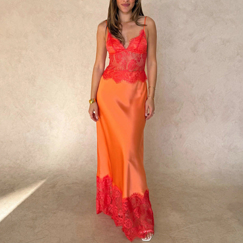 Damen Elegantes Nachtkleid mit transparentem Spitzeneinsatz und verstellbaren Trägern EB