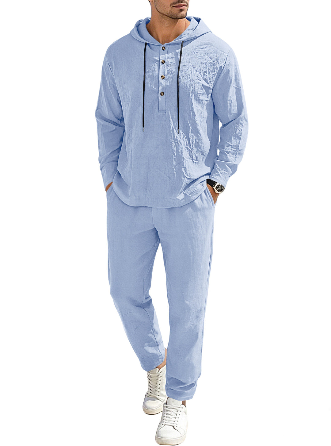 Herren nan entspannter Kapuzen-Henley Freizeitanzug aus leichter Baumwollmischung in Leinenoptik mit Kordelzug und elastischer Bundhose EB