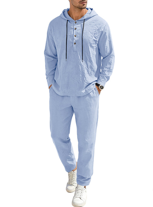 Herren nan entspannter Kapuzen-Henley Freizeitanzug aus leichter Baumwollmischung in Leinenoptik mit Kordelzug und elastischer Bundhose EB