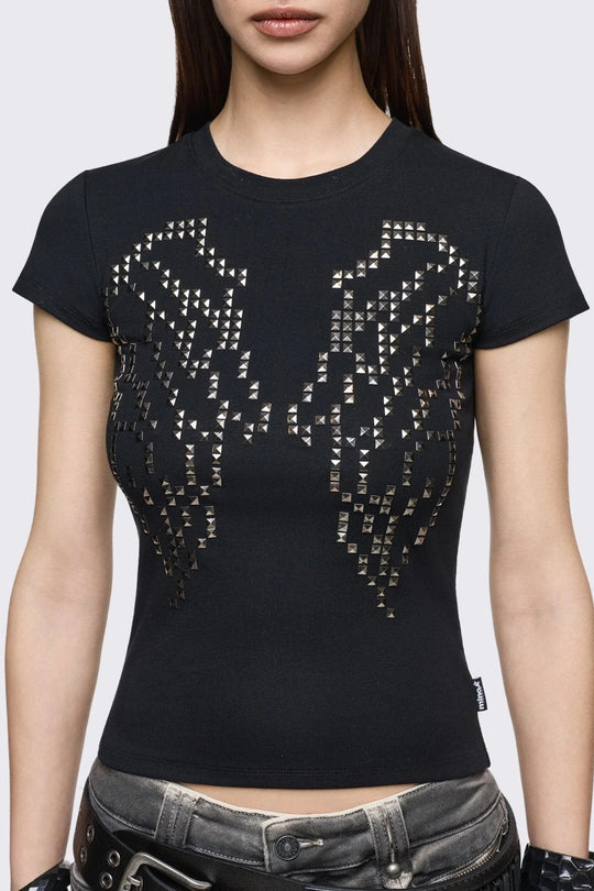Damen Enganliegendes T-Shirt mit Metallic-Nieten EB