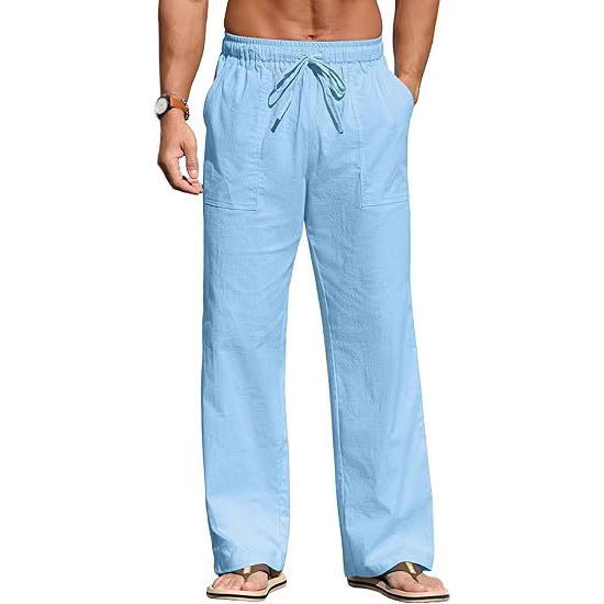 Herren nan leichte Leinenhose mit elastischem Bund, Kordelzug und aufgesetzten Taschen EB