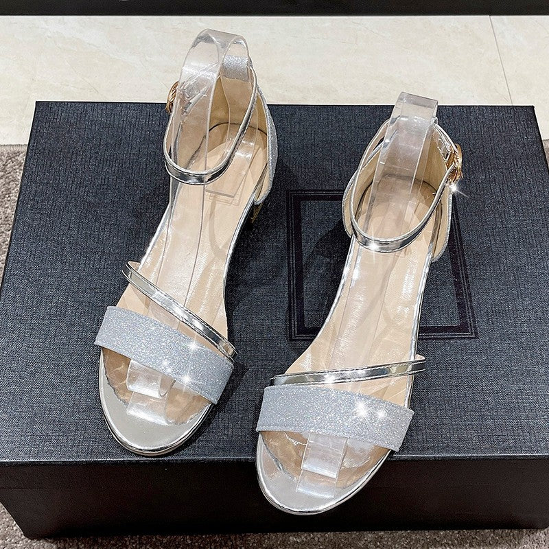 Damen elegante Glitzer-Sandaletten mit modischen Blockabsätzen und feinen Riemchen EB