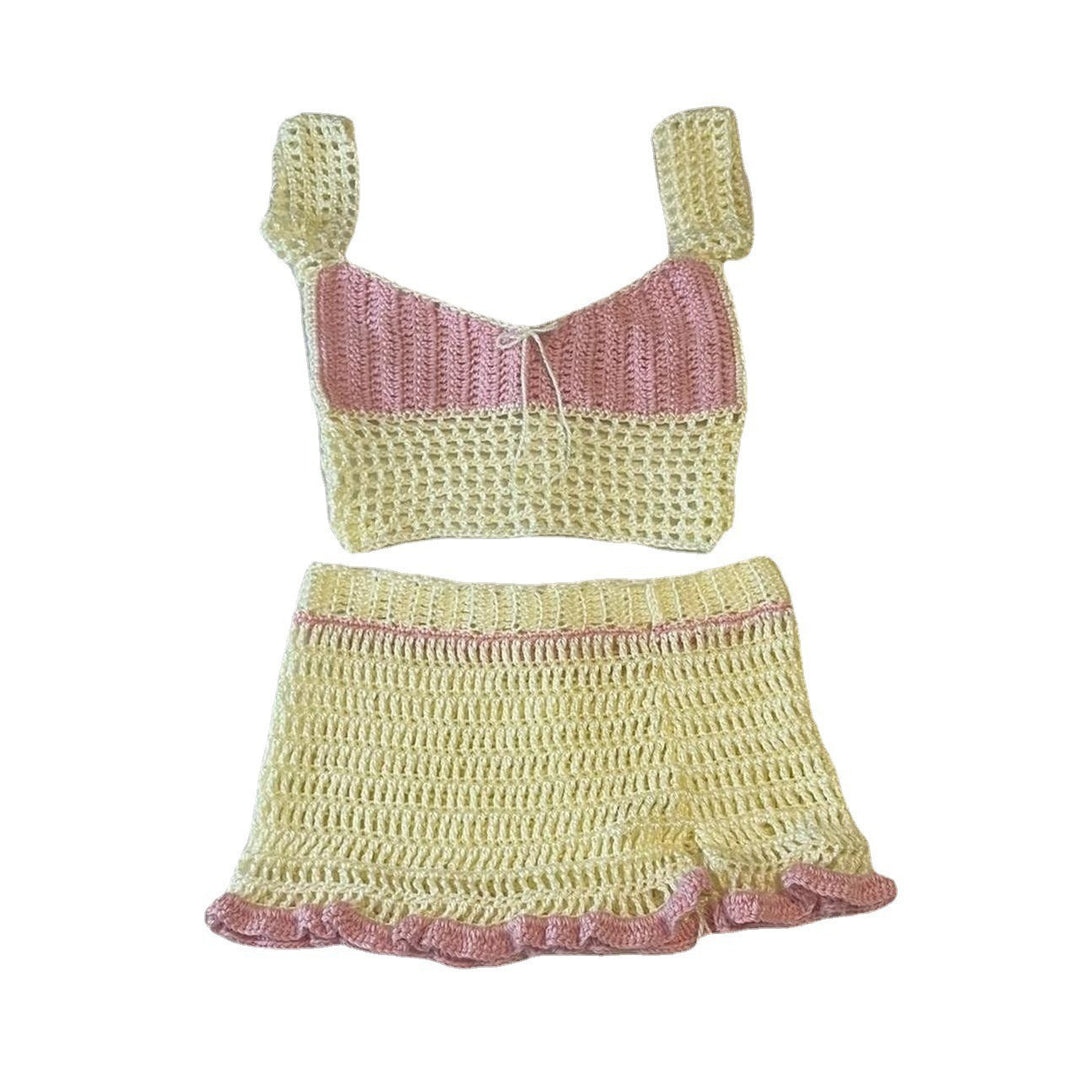 Damen gehäkeltes Crop-Top und Minirock-Set mit Schnürdetails EB