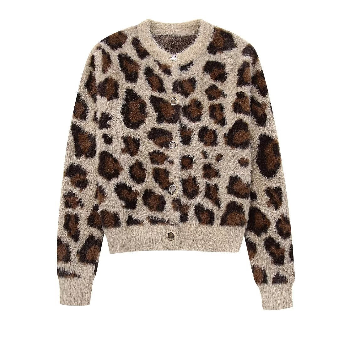 Damen nan kuschelige Strickjacke mit Leopardenmuster, Rundhalsausschnitt und durchgehender Knopfleiste EB