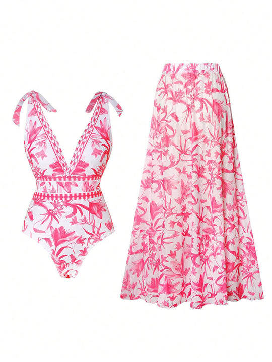 Damen Luxuriöser Badeanzug mit floralem Design und passendem Rock EB