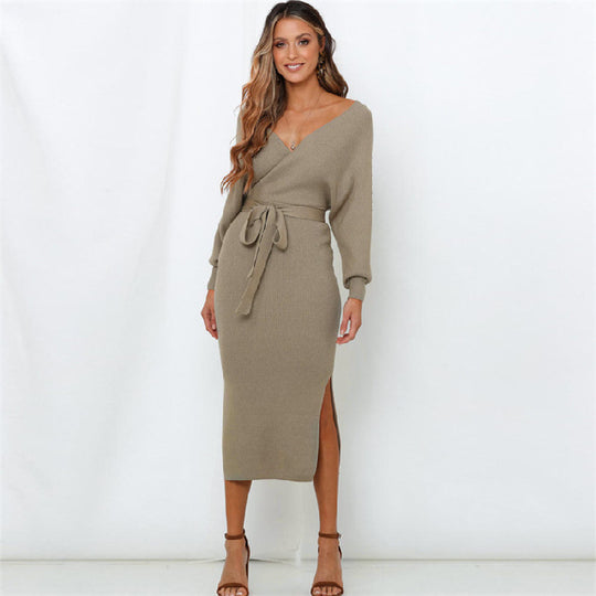 Damen Strickkleid mit Wickeloptik und seitlichem Schlitz EB