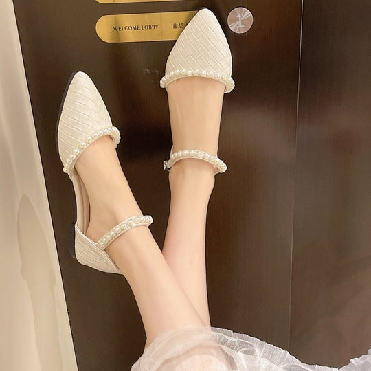 Damen elegante Ballerinas mit perlverziertem Riemen EB