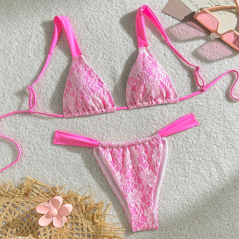 Damen Triangel-Bikini mit floralem Spandex-Muster und verstellbaren Trägern EB