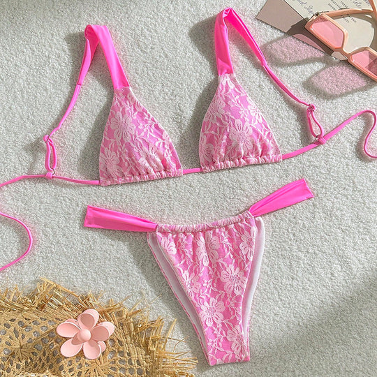 Damen Triangel-Bikini mit floralem Spandex-Muster und verstellbaren Trägern EB