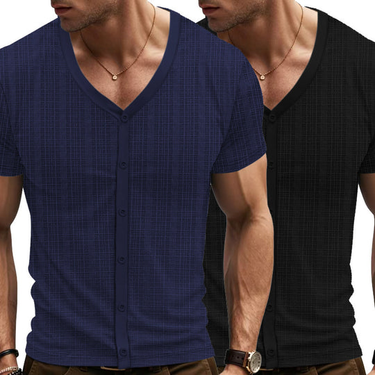 Herren Kurzarm Henley-Shirt mit strukturiertem Design und Knopfleiste EB