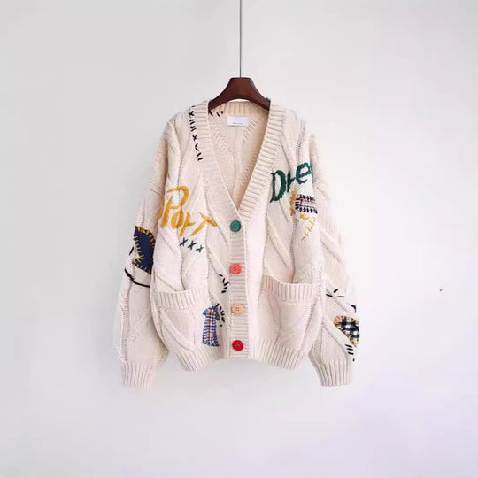 Damen Strickjacke mit buntem Motiv und praktischen Taschen EB