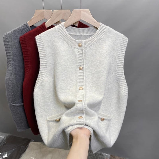 Damen Strickweste mit Knopfdetails und seitlichen Taschen EB